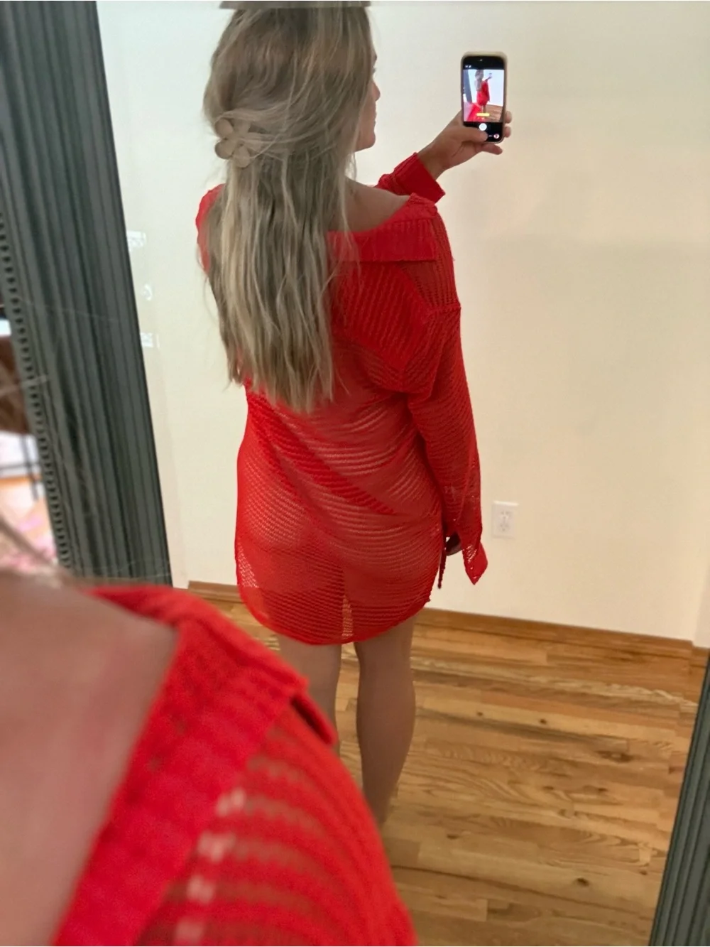 Haute Hippie Bright Red Open-Knit Button-Front Swim Coverup - Picture 3 of 5